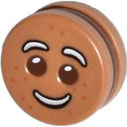 Minifigure, Head, Modified Cookie Shape with Fixed Reddish Brown Filling with Eyes, White Icing Eyebrows and Smile Pattern (Undetermined Type) - Medium Nougat Minifigure, Head, Modified Cookie Shape with Fixed Reddish Brown Filling with Eyes, White Icing Eyebrows and Smile Pattern (Undetermined Type) - Medium Nougat