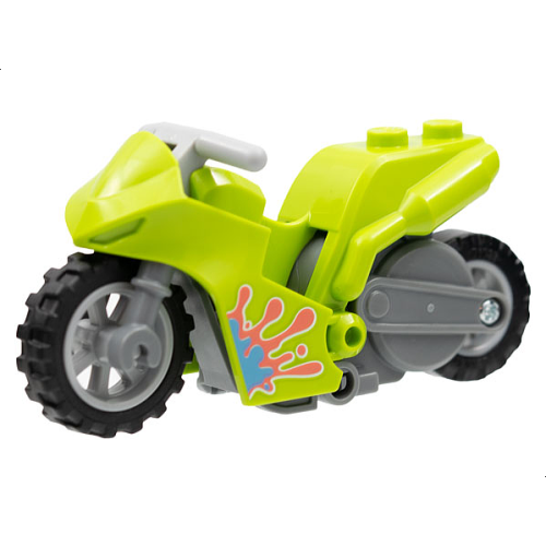 Деталь LEGO 75533pb02c01 Stuntz Flywheel Motorcycle Sport Bike Tapered Front with Dark Bluish Gray Frame, Light Bluish Gray Wheels, and Light Bluish Gray Handlebars with Medium Blue and Coral Splotch Pattern