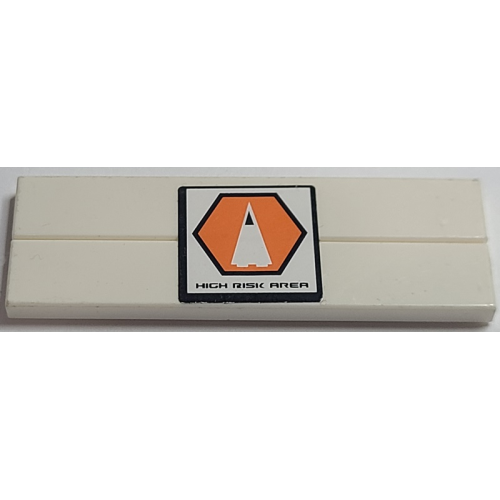 Деталь LEGO BA135pb03 Stickered Assembly 6 x 2 with 'HIGH RISK AREA' and Orange Hexagon with Black Border and White Triangle Pattern (Sticker) - Set 7690 - 2 Tile 1 x 6