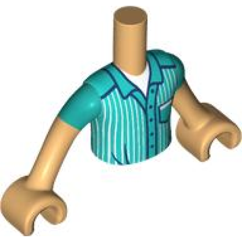 Деталь LEGO FTBpb092c01 Torso Mini Doll Boy Dark Turquoise Shirt with White Stripes Pattern, Medium Tan Arms with Hands with Dark Turquoise Short Sleeves