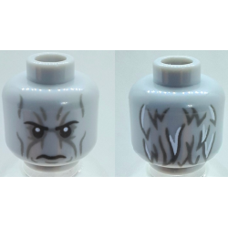 Minifigure, Head Alien Black Eyebrows, Contour Lines, Frown, Dark Bluish Gray and White Hair on Back Pattern