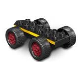 Duplo Car Base 2 x 6 with Four Black Wheels and Dark Red Hubs with Yellow Stripes Pattern