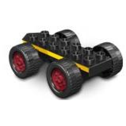 Деталь LEGO 54007c01pb01 Duplo Car Base 2 x 6 with Four Black Wheels and Dark Red Hubs with Yellow Stripes Pattern