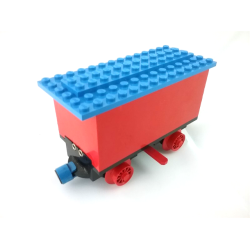 Train Battery Box Car with Two Contact Holes, Red Switch Lever, Blue and Red Magnets, Red Wheels, and Blue Roof - Red