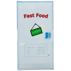 Door 1 x 4 1/2 x 6 with Red 'Fast Food', White 'OPEN' on Green Sign, and Hours of Operation Pattern Door 1 x 4 1/2 x 6 with Red 'Fast Food', White 'OPEN' on Green Sign, and Hours of Operation Pattern