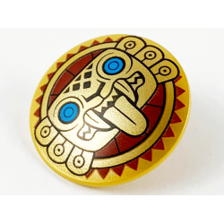 Minifigure, Shield Circular / Round Convex Face with Gold Jaguar Face on Dark Red Sun Background Pattern Minifigure, Shield Circular / Round Convex Face with Gold Jaguar Face on Dark Red Sun Background Pattern