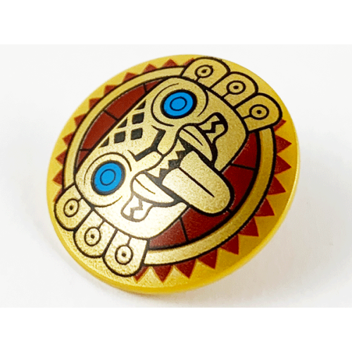Деталь LEGO 75902pb18 Minifigure, Shield Circular / Round Convex Face with Gold Jaguar Face on Dark Red Sun Background Pattern