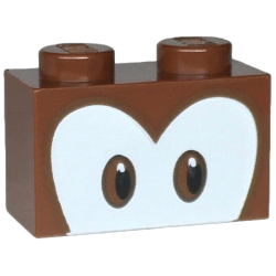 Brick 1 x 2 with Black and Reddish Brown Eyes on White Background Pattern (Super Mario Diddy Kong Upper Face)