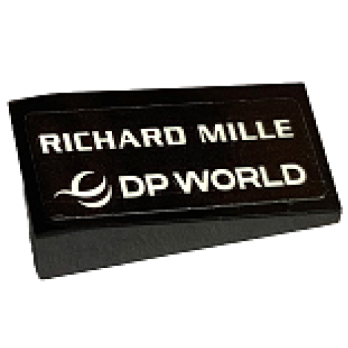 Деталь LEGO 5404pb01R Slope 18 2 x 1 x 2/3 with White 'RICHARD MILLE' and DP WORLD Logo Pattern Model Right Side (Sticker) - Set 76919