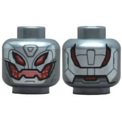 Minifigure, Head Alien Robot with Silver Face with Dark Bluish Gray Lines, Coral and Red Eyes and Mouth, Armor Panels on Back Pattern