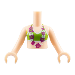 Torso Mini Doll Girl Lime Bikini Top and Lei with Magenta and White Flowers Pattern, Light Nougat Arms with Hands