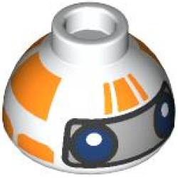 Brick, Round 1 1/2 x 1 1/2 x 2/3 Dome Top with SW RJ-83 Droid Head, Orange Stripes and Dark Blue Eyes on Silver Background Pattern Brick, Round 1 1/2 x 1 1/2 x 2/3 Dome Top with SW RJ-83 Droid Head, Orange Stripes and Dark Blue Eyes on Silver Background Pattern