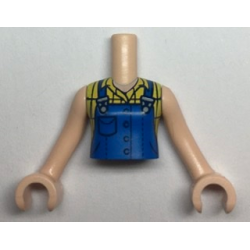 Torso Mini Doll Girl Blue Overalls over Yellow Checkered Sleeveless Blouse Pattern, Light Nougat Arms with Hands
