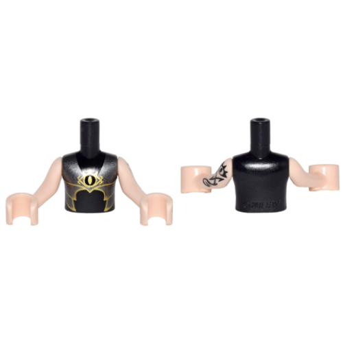 Деталь LEGO FTBpb019c01 Torso Mini Doll Boy Silver and Gold Armor with Goblin Eye Pattern, Light Nougat Arms with Hands with Black Elves Tattoo