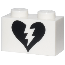 Brick 1 x 2 with Black Split Broken Heart Pattern