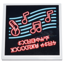 Tile 4 x 4 with Red and White Music Notes and Microphone on Medium Azure Lines and Ninjago Logogram 'LAUGHY'S KARAOKE CLUB' Pattern (Sticker) - Set 71799