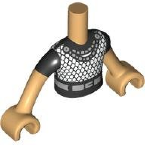 Деталь LEGO FTBpb107c01 Torso Mini Doll Boy Black and White Mesh T-Shirt, Silver Necklace and Belt Pattern, Medium Tan Arms with Hands with Black Short Sleeves