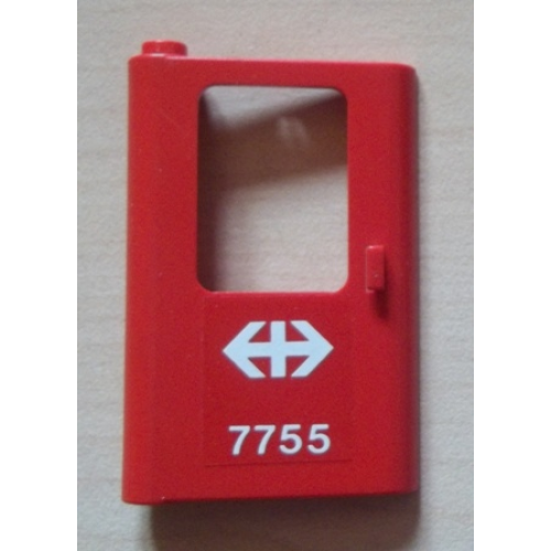Деталь LEGO 4181pb033 Door 1 x 4 x 5 Train Left, Thin Support at Bottom with White Double Arrow (Swiss Federal Railways) and '7755' Pattern (Sticker) - Set 7755