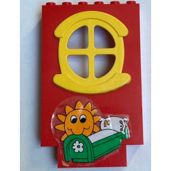 Stickered Assembly 6 x 2 x 8 with Sun and Bed Pattern (Sticker) - Set 3672 - 1 Brick 2 x 4, 1 Fabuland Building Wall 2 x 6 x 7 with Round Symmetric Yellow Window Stickered Assembly 6 x 2 x 8 with Sun and Bed Pattern (Sticker) - Set 3672 - 1 Brick 2 x 4, 1 Fabuland Building Wall 2 x 6 x 7 with Round Symmetric Yellow Window