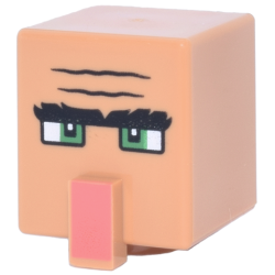 Minifigure, Head, Modified Cube Tall with Raised Rectangle with Black Forehead Creases and Bushy Unibrow, Green Eyes and Coral Nose Pattern (Minecraft Villager)