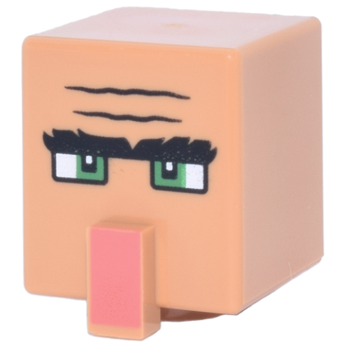 Деталь LEGO 23766pb014 Minifigure, Head, Modified Cube Tall with Raised Rectangle with Black Forehead Creases and Bushy Unibrow, Green Eyes and Coral Nose Pattern (Minecraft Villager)