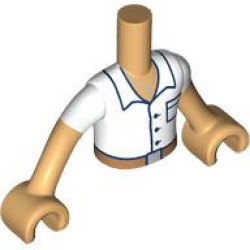 Torso Mini Doll Boy White Shirt, Medium Nougat Belt and Silver Necklace Pattern, Medium Tan Arms with Hands with White Short Sleeves