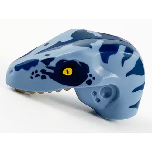 Деталь LEGO 98065pb12 Dinosaur Head Raptor with Pin Hole with Tan Teeth and Dark Blue Stripes and Eye Patch Pattern