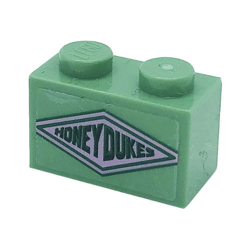 Деталь LEGO 3004pb250 Brick 1 x 2 with Dark Green 'HONEYDUKES' on Bright Pink Diamond Pattern (Sticker) - Set 76388