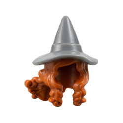 Minifigure, Hair Combo, Hair with Hat, Long Hair with 2 Braids over Shoulders with Molded Dark Bluish Gray Witch Hat Pattern Minifigure, Hair Combo, Hair with Hat, Long Hair with 2 Braids over Shoulders with Molded Dark Bluish Gray Witch Hat Pattern