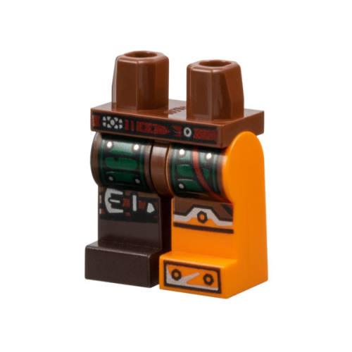 Деталь LEGO 970d32pb01 Hips and 1 Orange Left Leg with Armor and Black and Silver Bolted Boots, 1 Dark Brown Right Leg with Green Armor and Knee Belt Pattern