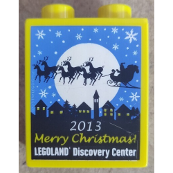 Duplo, Brick 1 x 2 x 2 with LEGOLAND Discovery Center, '2013 Merry Christmas!', Moon, Snowflakes, Skyline, and Santa's Sleigh with Reindeer Pattern