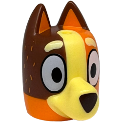 Minifigure, Head, Modified Dog (Cattle) with Curved Ears, Hole on Top with Molded Reddish Brown Top and Bright Light Yellow Muzzle and Markings and Printed Eyes, Eyebrows, Fur, Dark Brown Nose Pattern