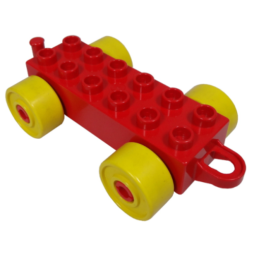Деталь LEGO 4883c01 Duplo Car Base 2 x 6 with Closed Hitch End and Yellow Wheels - Red