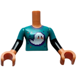 Torso Mini Doll Girl Dark Turquoise Shirt with White Ghost, Dark Purple and Coral Squares Pattern, Nougat Arms with Hands with Dark Turquoise and Black Sleeves