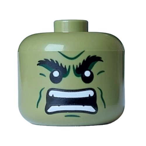 Деталь LEGO 79435pb07 Minifigure, Head, Modified Giant Black Bushy Eyebrows, Dark Green Cheek Lines, Chin Dimple, and Furrowed Brow, Angry Open Mouth with Teeth Parted Pattern - Vented Stud