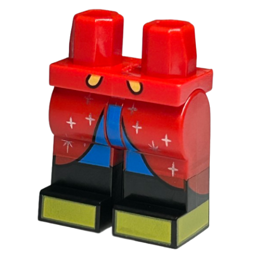 Деталь LEGO 970c00pb1483 Hips and Legs with Molded Black Lower Legs / Boots and Printed Red Robe Ends with Silver Sparkles, Blue Shorts and Yellow Shoes Pattern