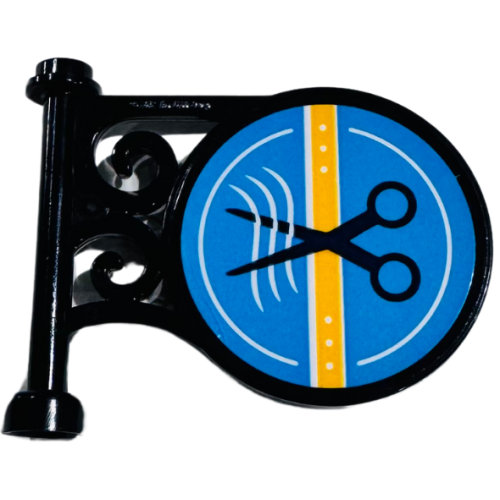 Деталь LEGO 13459pb013 Road Sign Round on Pole with Flat Top Attachment with Scissors, Bright Light Orange Stripe and White Wavy Lines on Dark Azure Background Pattern on Both Sides (Stickers) - Set 41743