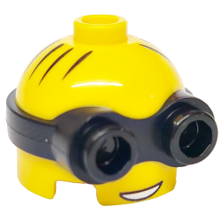 Minifigure, Head, Modified Minion, Short with Molded Black Goggles and Printed Hair and Open Mouth with White Teeth Pattern