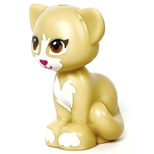 Деталь LEGO 11602pb09 Cat, Friends Style, Sitting with Medium Nougat Eyes, Black Eyelashes, Dark Pink Nose, White Patches and Paws Pattern