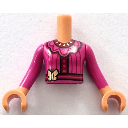 Деталь LEGO FTGpb477c01 Torso Mini Doll Girl Magenta Dress Top with Belt, Gold Butterfly, Dark Red Trim and Stripes Pattern, Nougat Arms with Hands with Magenta Long Sleeves