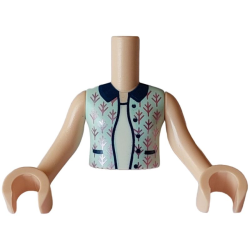 Torso Mini Doll Girl Light Aqua Sleeveless Vest with Dark Blue Pockets, Buttons and Collar, and Metallic Pink Branches over White Shirt Pattern, Light Nougat Arms with Hands