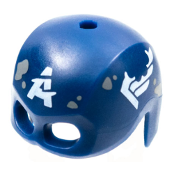 Minifigure, Headgear Helmet Mask, Hole on Top with White Letter A and Wings on Sides, Weathered with Dark Bluish Gray Splotches Pattern Minifigure, Headgear Helmet Mask, Hole on Top with White Letter A and Wings on Sides, Weathered with Dark Bluish Gray Splotches Pattern