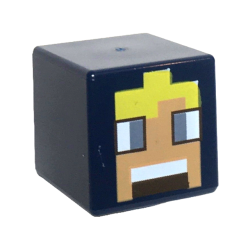 Minifigure, Head, Modified Cube with Pixelated Nougat Face, Sand Blue Eyes, Yellow Hair, Dark Brown Mouth with White Teeth Pattern (Minecraft Miller)
