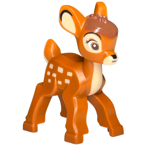 Деталь LEGO 104729pb01 Deer, Disney, Baby Fawn with Molded Tan Front, Tail and Muzzle and Printed Eyes, Ears, Camouflage Spots, White Eyes, Black Nose and Mouth and Reddish Brown Crest Pattern (Bambi)