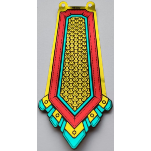 Деталь LEGO 80012pls01e Plastic Part for Set 80012 - Armor Skirt Center with Dark Turquoise and Red Bands, Black Stitching, and Gold Chain Mail Pattern