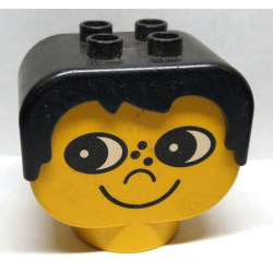 Duplo Figure Head Human 2 x 2 Base with Fixed Black Hair with Eyes Looking Right, Nose, Freckles, and Grin Pattern Duplo Figure Head Human 2 x 2 Base with Fixed Black Hair with Eyes Looking Right, Nose, Freckles, and Grin Pattern