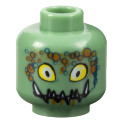 Minifigure, Head Alien with Large Yellow Eyes, Sharp White Teeth, Blue Circles, and Orange Splotches Pattern
