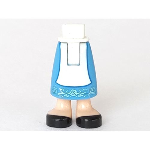 Деталь LEGO 59595c42pb01 Mini Doll Hips and Medium Blue Skirt Long with Molded Light Nougat Legs and Printed White Apron, Metallic Light Blue Roses and Black Shoes Pattern - Thick Hinge