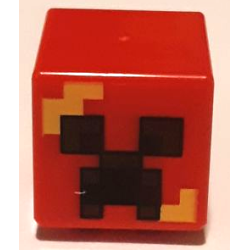 Minifigure, Head, Modified Cube with Pixelated Black and Reddish Brown Eyes and Open Mouth Frown, Bright Light Orange Flames Pattern (Minecraft Exploding Creeper)