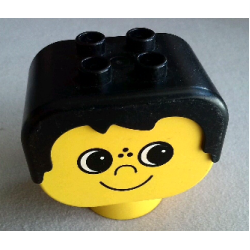 Duplo Figure Head Human 2 x 2 Base with Fixed Black Hair with Eyes Looking Left, Nose, Freckles, and Grin Pattern Duplo Figure Head Human 2 x 2 Base with Fixed Black Hair with Eyes Looking Left, Nose, Freckles, and Grin Pattern